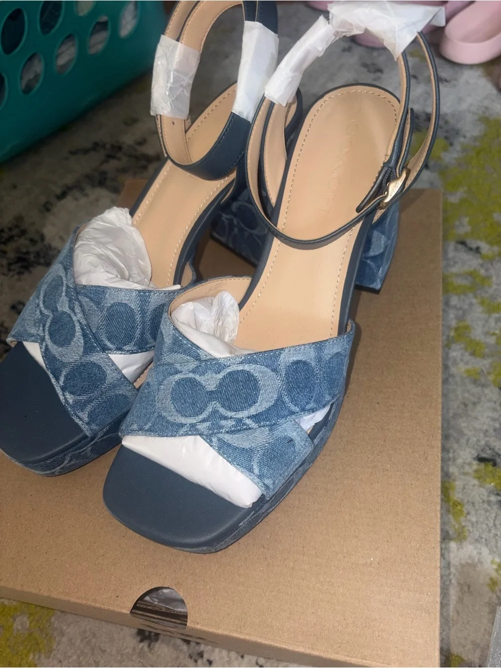 Coach Denim Logo Block Heel Sandals in Light Blue